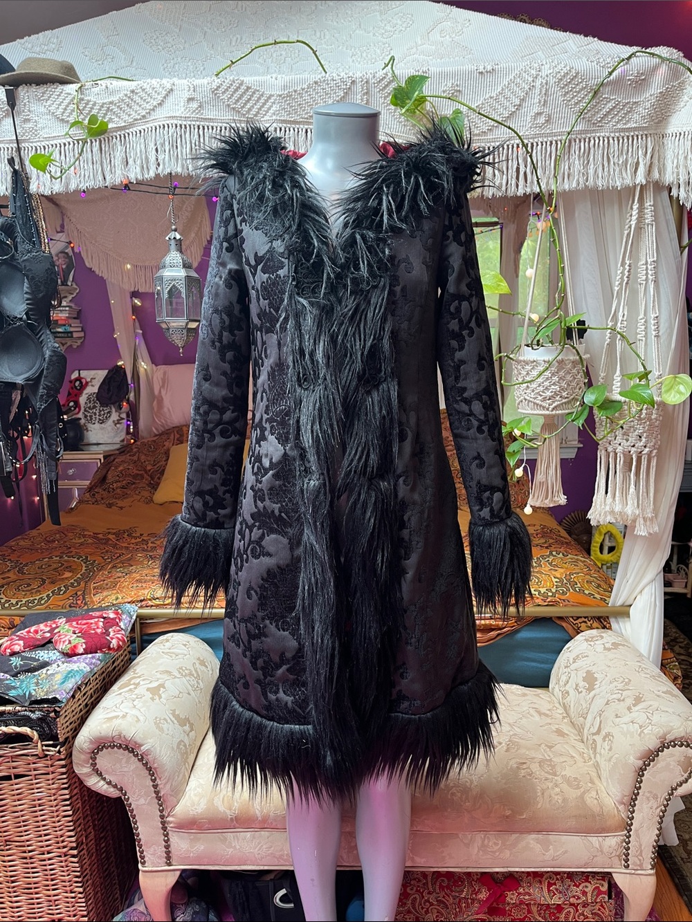 Dolls Kill Black Velvet Brocade Trench Coat with Faux Fur Trim, XS